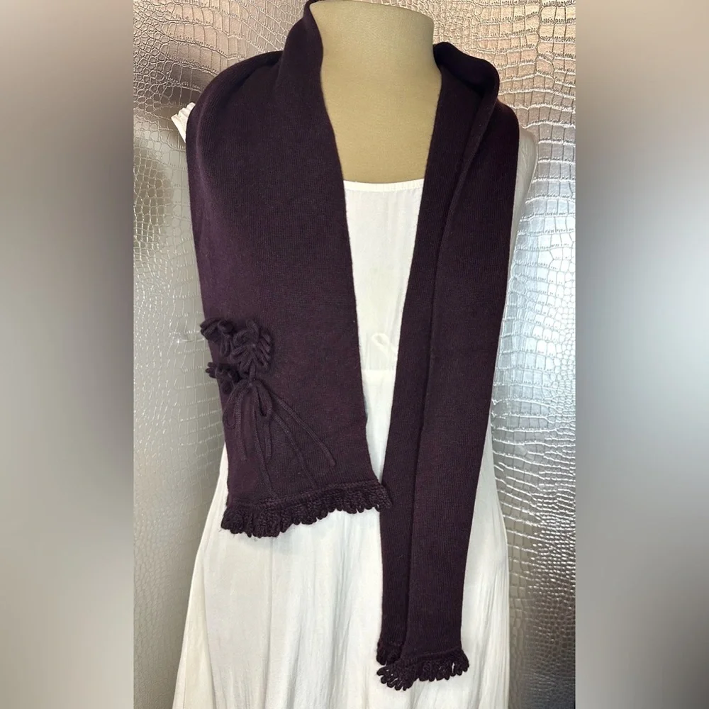 David Meister Purple Fringed Knitted Scarf with Embellished Floral Detail